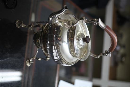 A late Victorian silver tea kettle on stand and later associated plated burner, gross 51 oz.